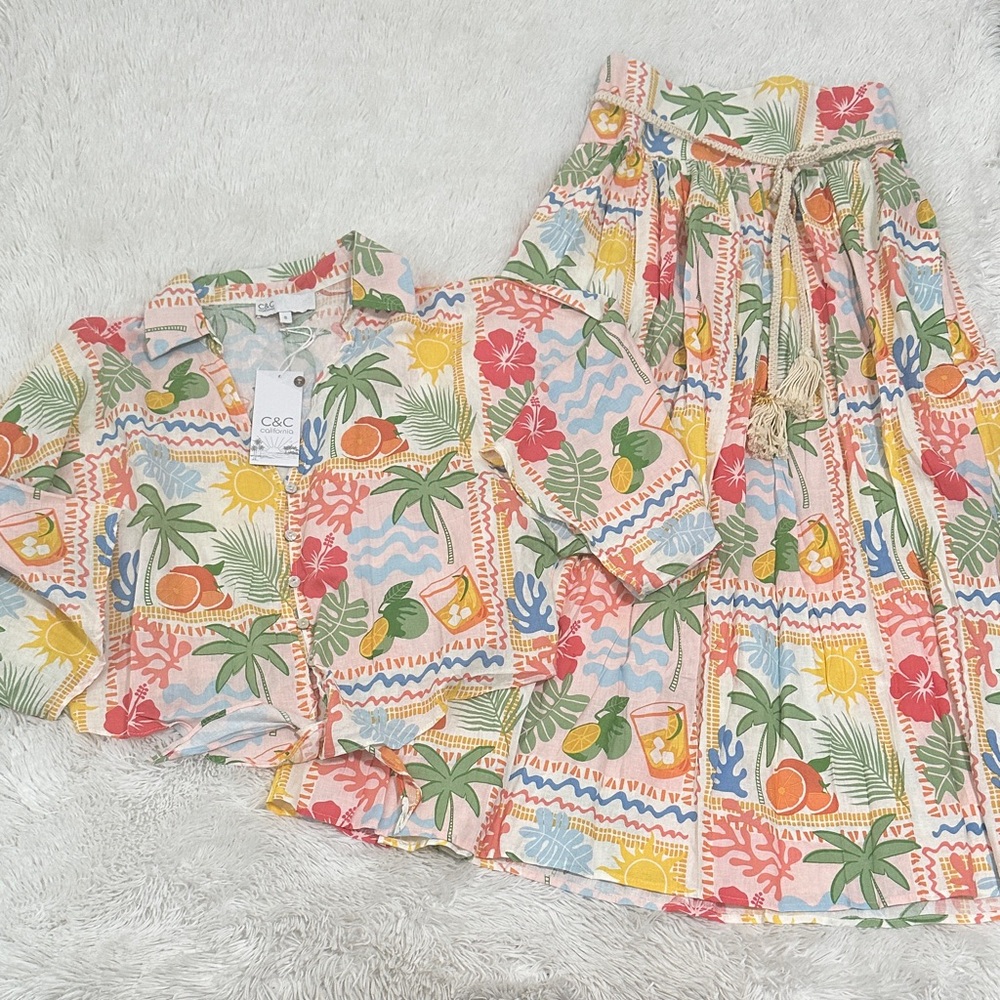 C&C California Pink, Green & Yellow Tropical Print Skirt Set